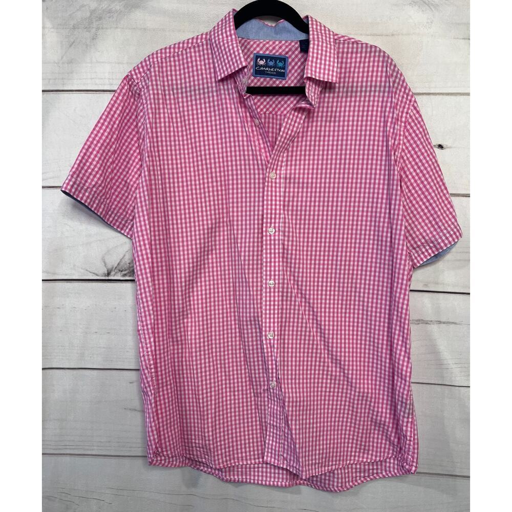 Charleston‎ Threads Mens Button Up Top Short Sleeve Pink White Checked Size XL